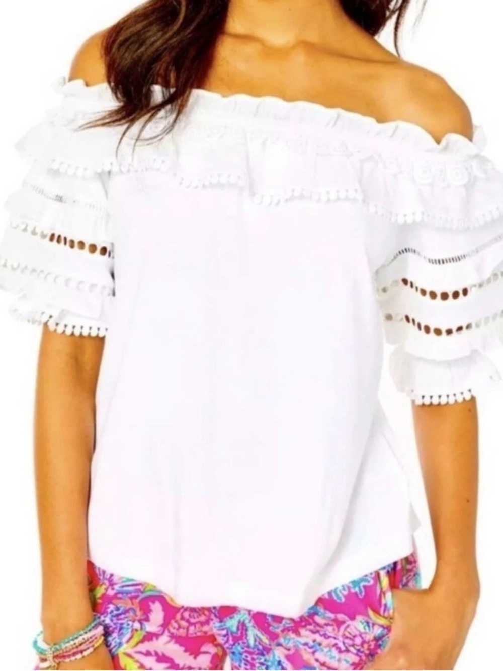 Lilly Pulitzer Brentwood Off-The-Shoulder Top Ruffle Cutout White Blouse Top M